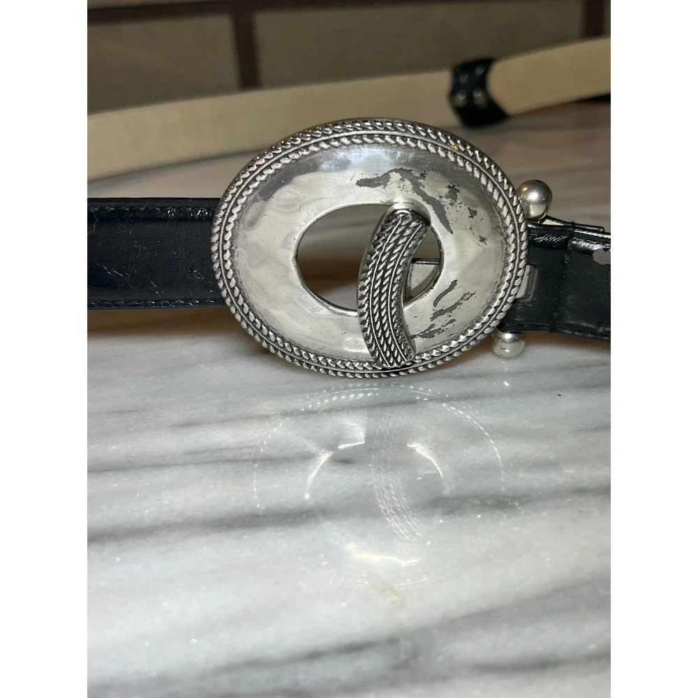 Vintage Black Genuine Leather Lined Belt Silver Oval Buckle Western Boho 41 Inch